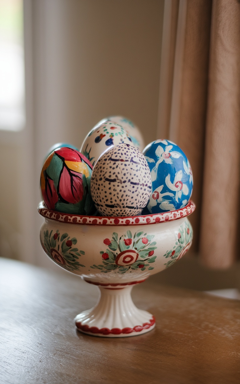 A bowl with hand-painted Easter eggs, featuring vibrant colors and floral designs.