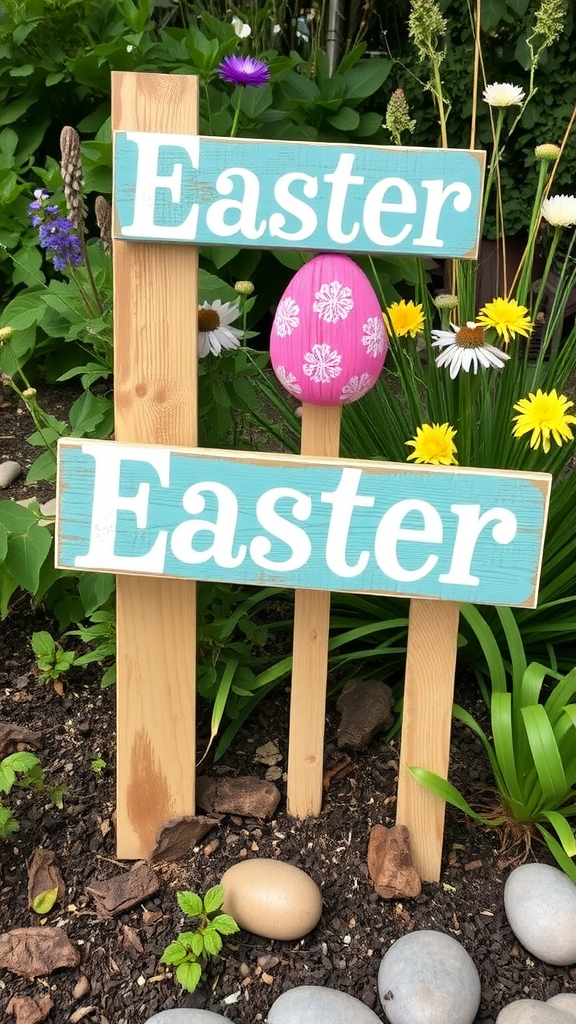 Two hand-painted wooden Easter signs in a garden, one saying 'Happy Easter' and the other 'We’re Eating Easter!' surrounded by colorful flowers.