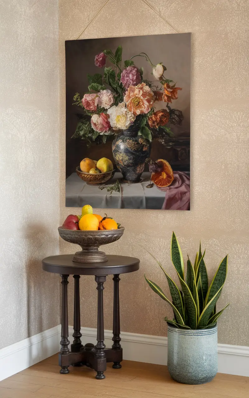 A cozy living room corner with a floral painting, a decorative bowl of fruits, and a potted plant.