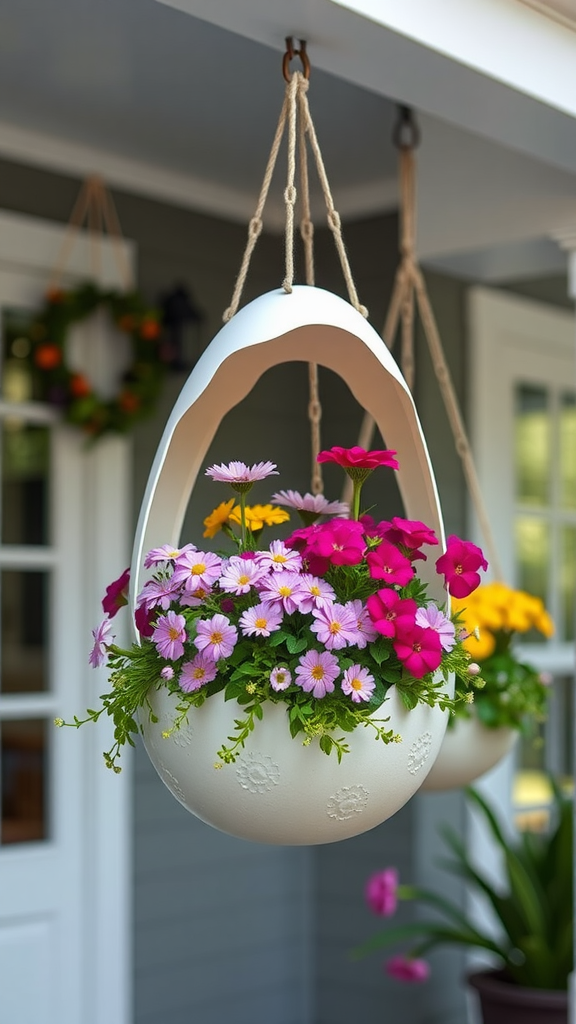 Colorful hanging egg planters filled with flowers on a porch.