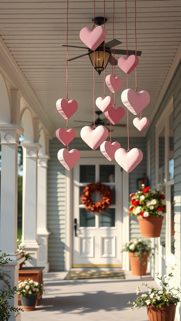 A porch decorated with hanging pink hearts, showcasing a warm and inviting Valentine's Day theme.