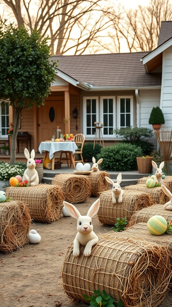 Hay bales decorated for Easter with bunny figurines and colorful eggs