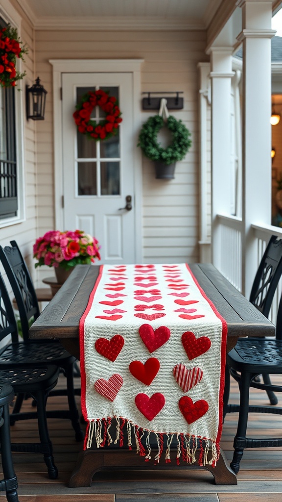 A beautifully decorated porch table with a heart-embellished table runner, welcoming Valentine's Day vibes.