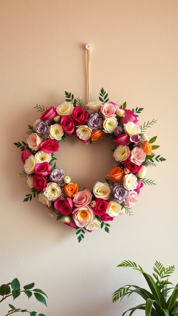 A heart-shaped floral wreath made of roses and other flowers hanging on a wall.