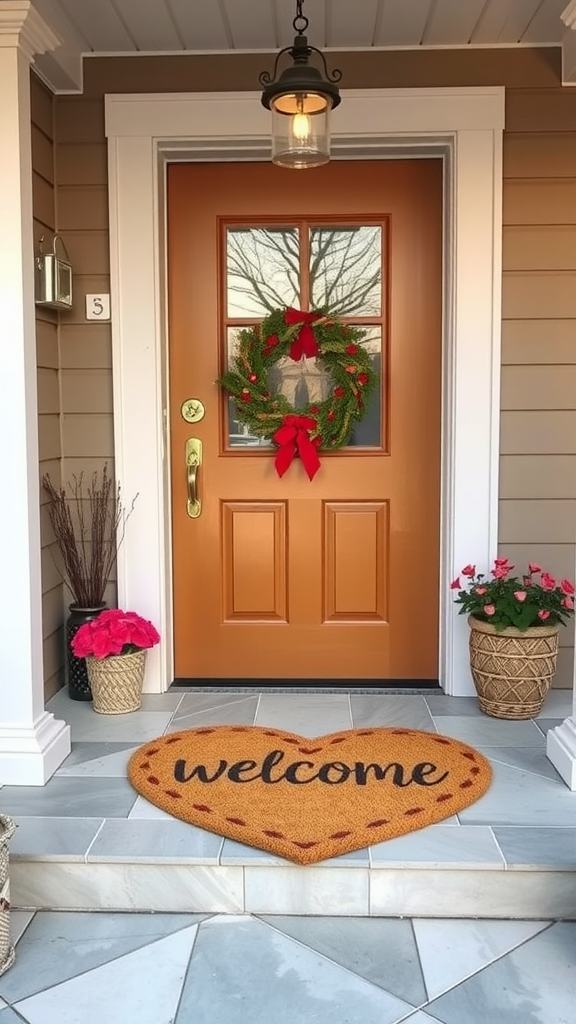 A heart-shaped doormat in front of a welcoming porch, decorated with a wreath and potted plants.