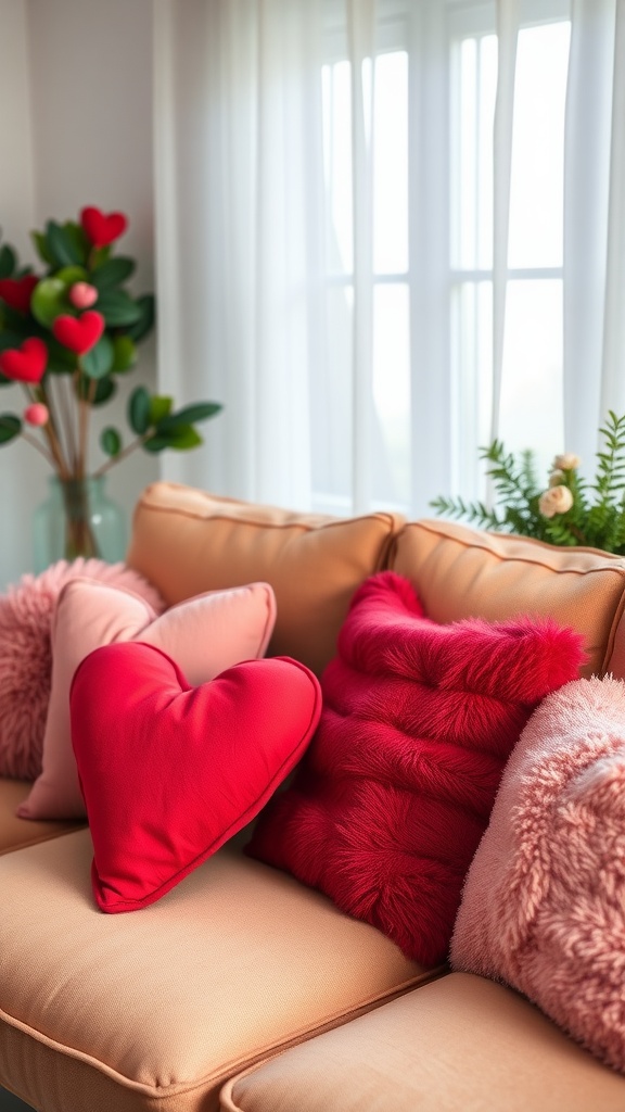 A cozy couch with heart-shaped throw pillows in red and pink, creating a warm Valentine's Day decor.