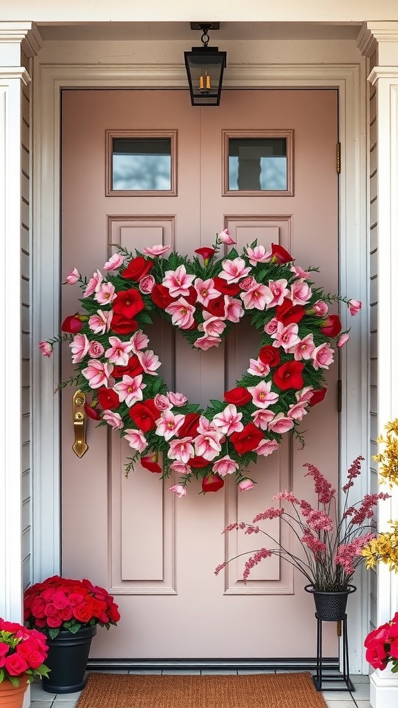 A heart-shaped wreath made of red and pink flowers hanging on a door, with potted plants on the porch