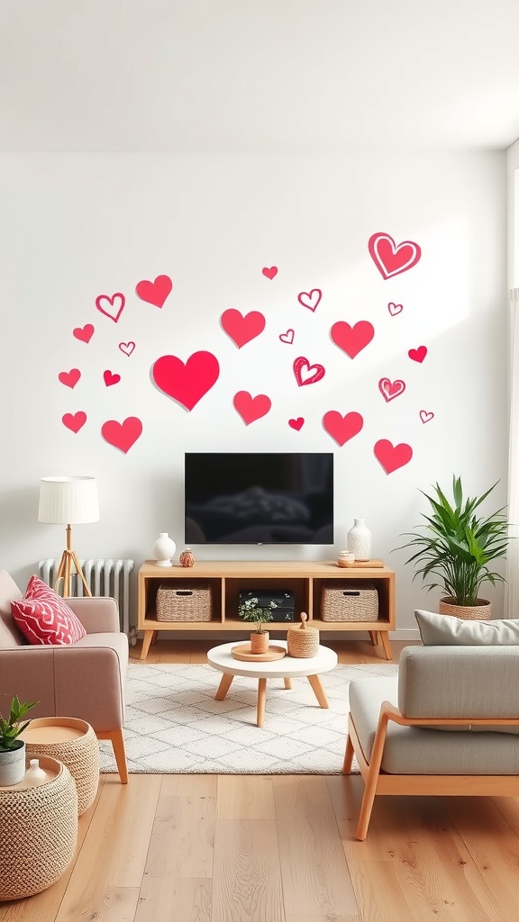 Living room with heart-themed wall decals in red and pink, showcasing a cozy decor for Valentine’s Day.