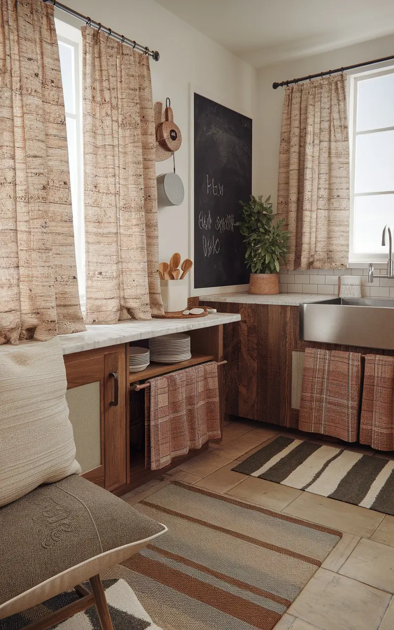 A cozy Scandi style kitchen featuring warm curtains, a rustic sink, and textured fabrics.