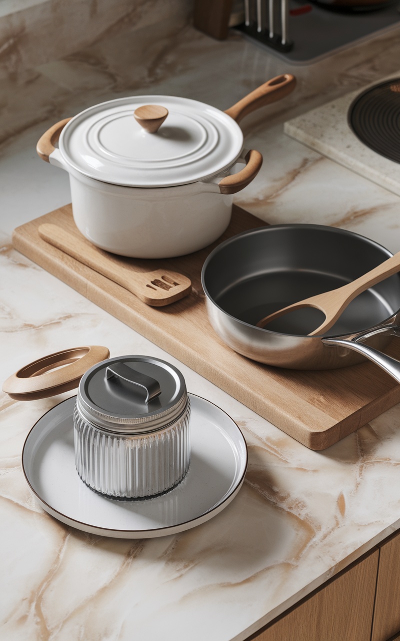 A white pot with wooden handles, a metal pan, and a glass jar on a wooden cutting board in a modern kitchen.