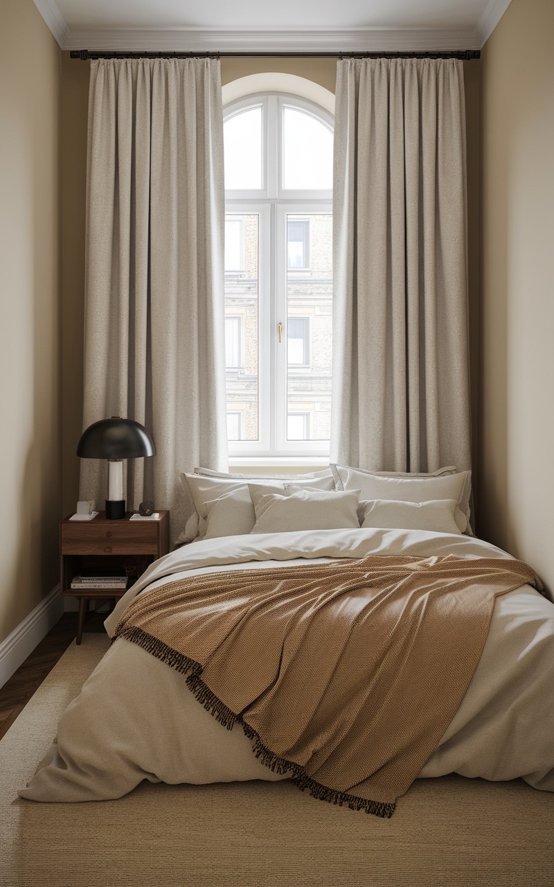 A cozy small beige bedroom featuring a neatly made bed with a warm throw, soft pillows, and neutral curtains.