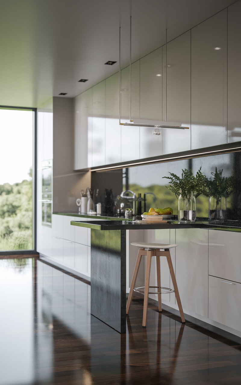 Modern Scandi style kitchen with a breakfast bar, showcasing sleek cabinets and minimalist decor.