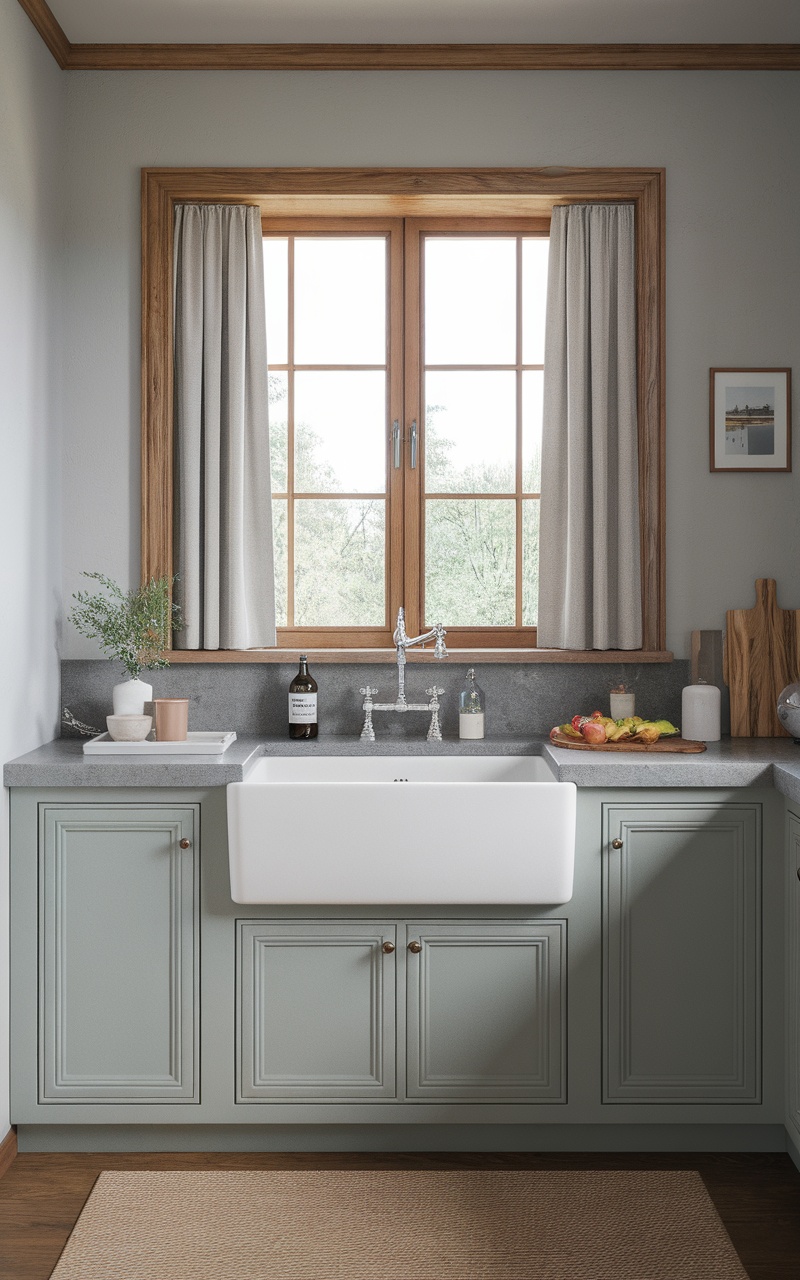 Scandi style kitchen featuring a farmhouse sink with light cabinetry and a natural wood window.