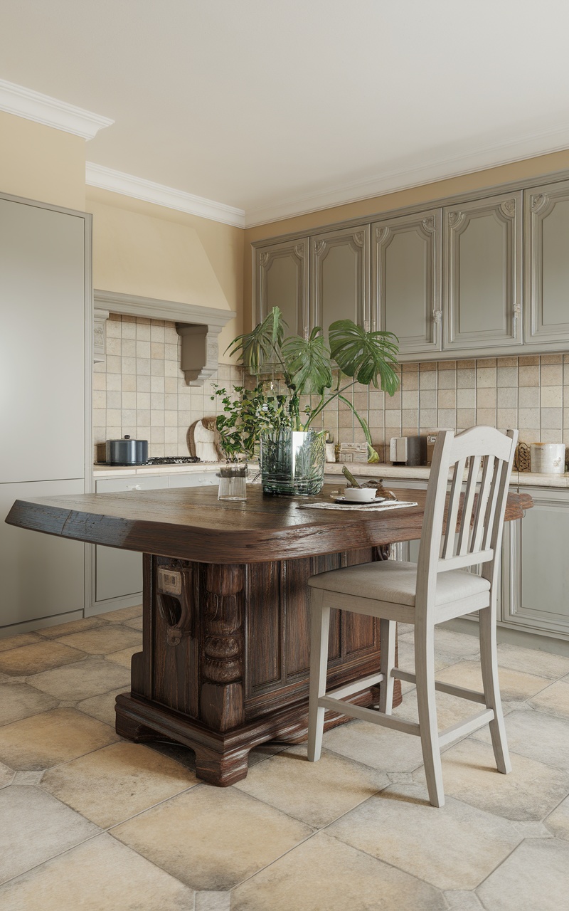 A cozy scandi style kitchen featuring a rustic wooden table and plants