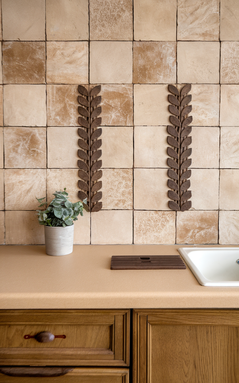 A Scandi style kitchen featuring earthy-toned backsplash tiles with a minimalist design.