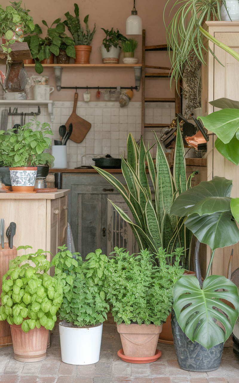 A Scandi style kitchen filled with various indoor plants in pots on a wooden countertop.