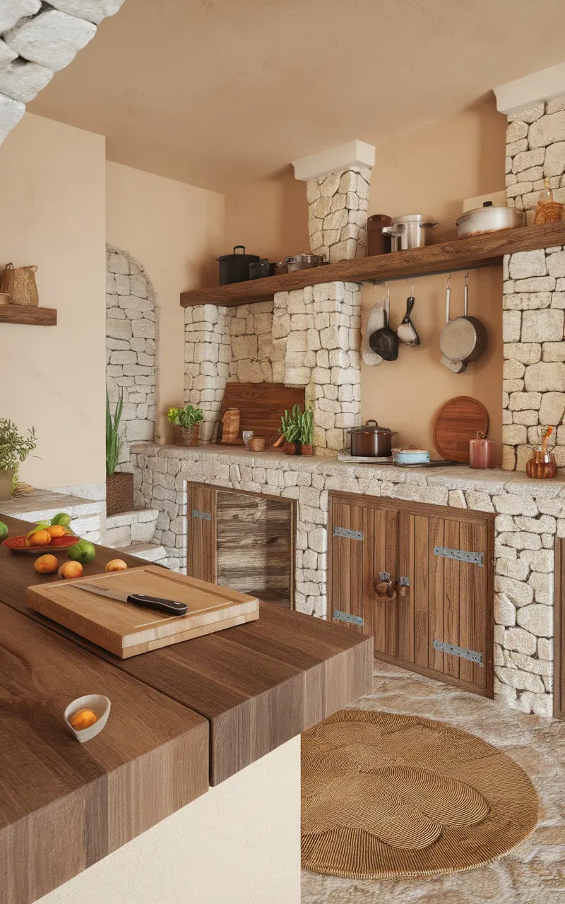 A Scandi style kitchen featuring natural materials like stone and wood, with a warm, inviting design.