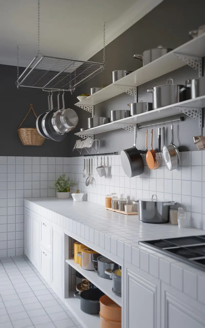 A minimalist Scandi style kitchen with open shelves, a pot rack, and organized storage.