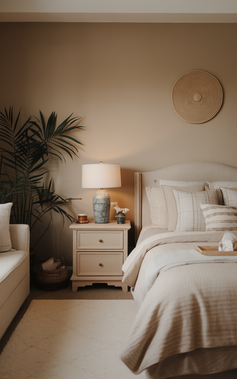 A cozy small beige bedroom featuring a bed, a chair, and ambient lighting.