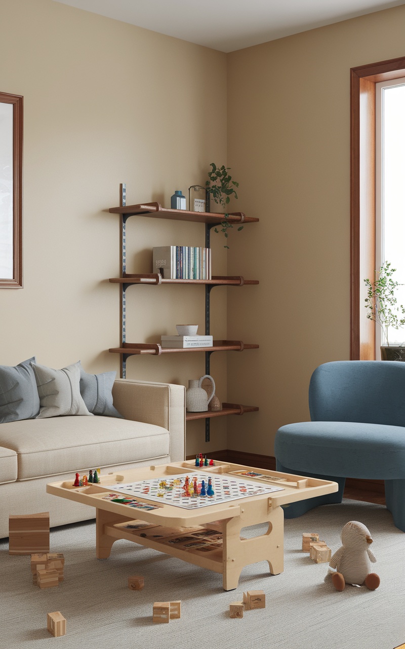 A cozy living room corner featuring a game table, sofa, and shelves for books and decor.