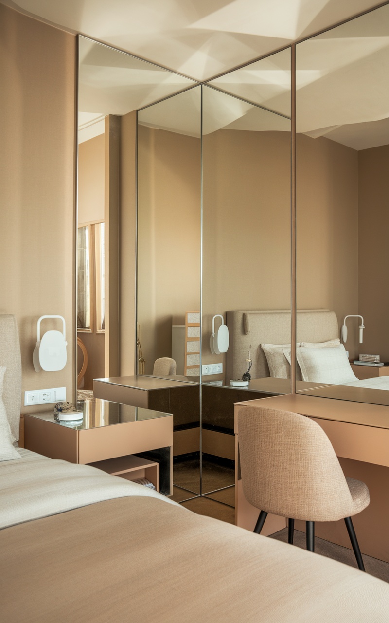 Cozy small beige bedroom featuring large mirrors, soft textures, and warm tones.