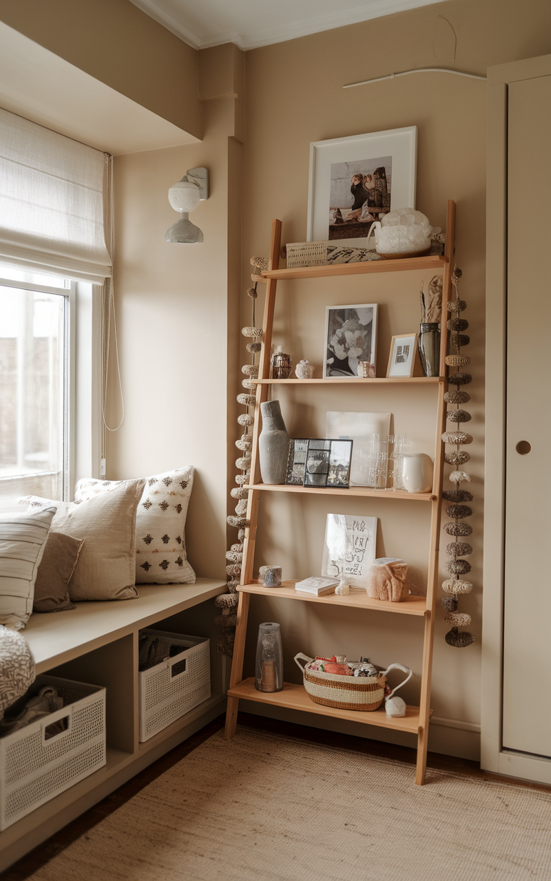 Cozy small beige bedroom with personal touches, including framed photos and decorative plants.