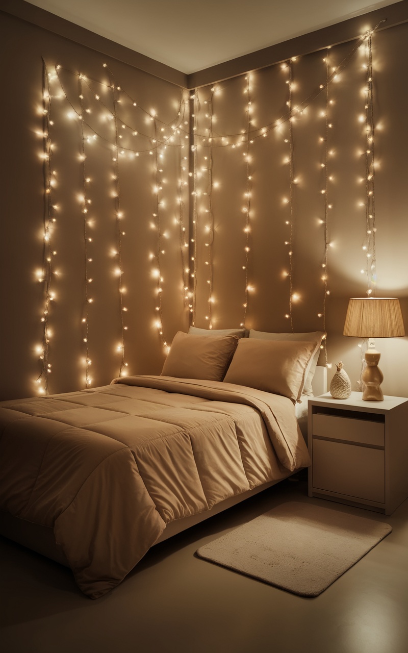 A cozy small beige bedroom with soft fairy lights on the walls