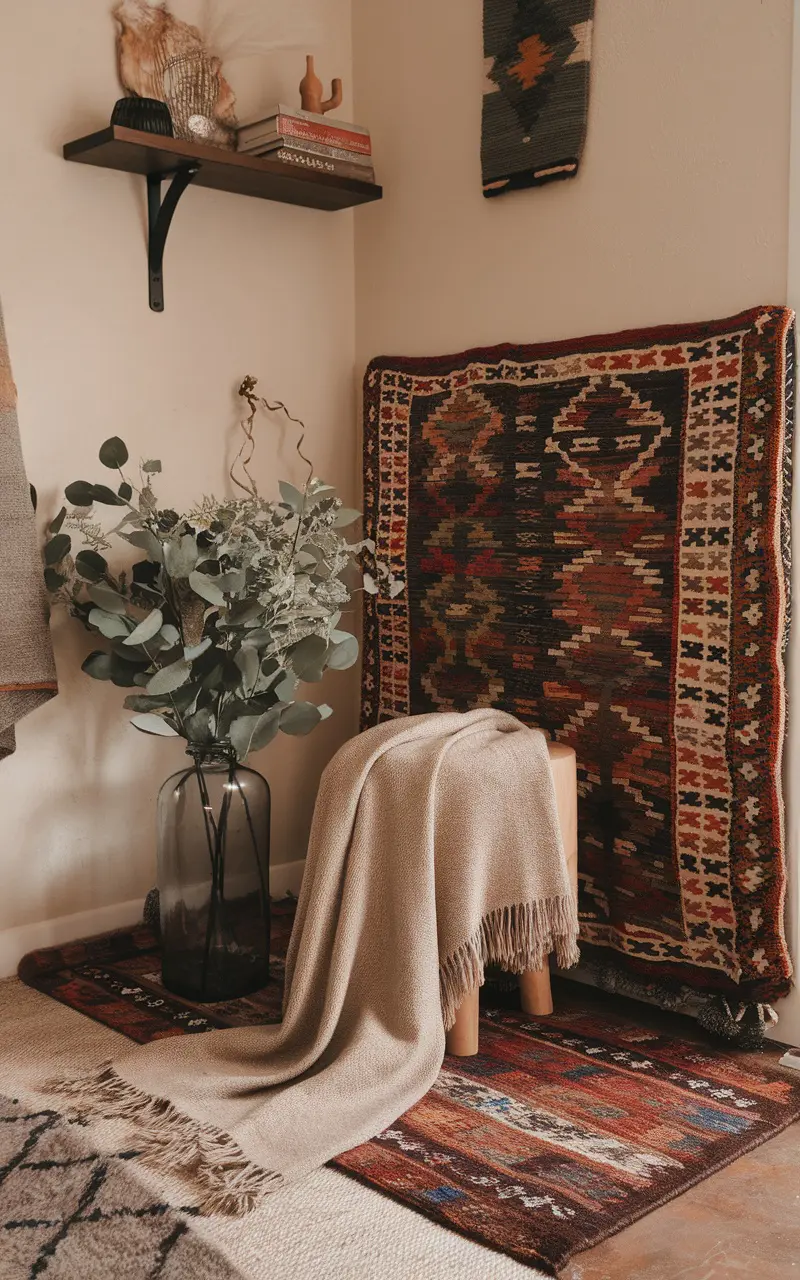 A cozy living room corner featuring textured throws, vibrant rugs, and decorative plants.