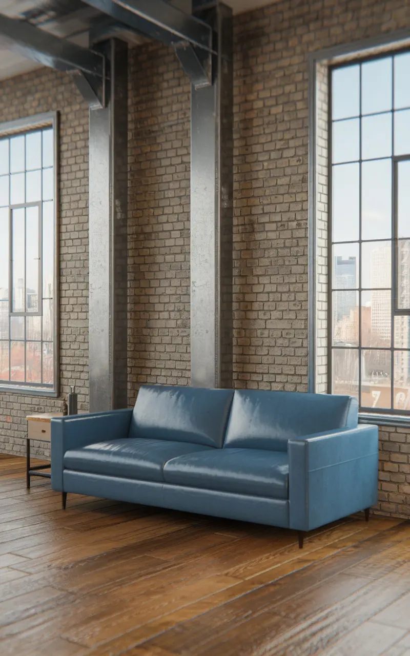 A modern loft with a blue couch and exposed brick walls, showcasing industrial design elements.