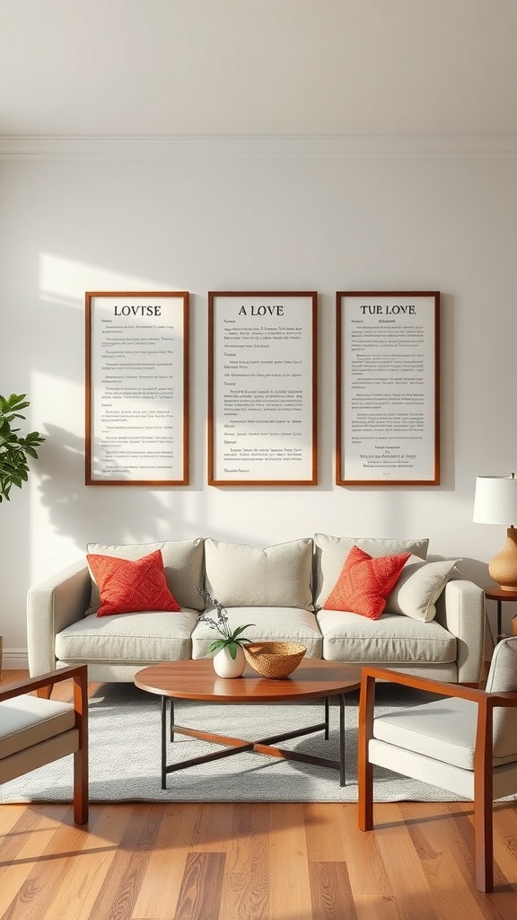 Living room with framed love letters on the wall, cozy couch, and decorative accents.