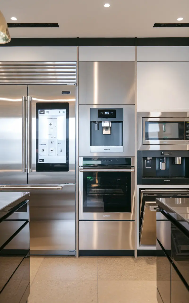 A modern Scandi style kitchen featuring sleek, stainless steel appliances.