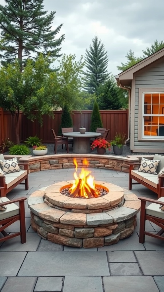 An intimate fire pit setup with stone seating and a warm fire surrounded by greenery