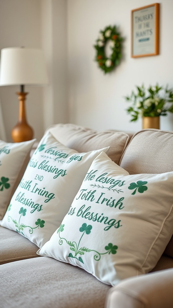 Cozy living room setup with Irish blessing pillows on a couch, complemented by a lamp and decorative plants.