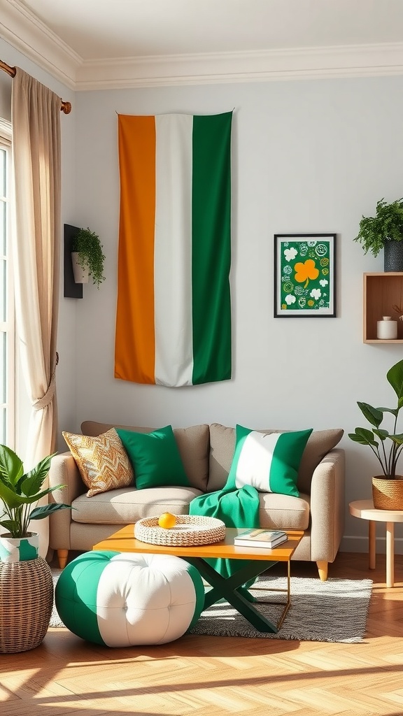 Living room decorated with Irish flag accents and St. Patrick's Day decor