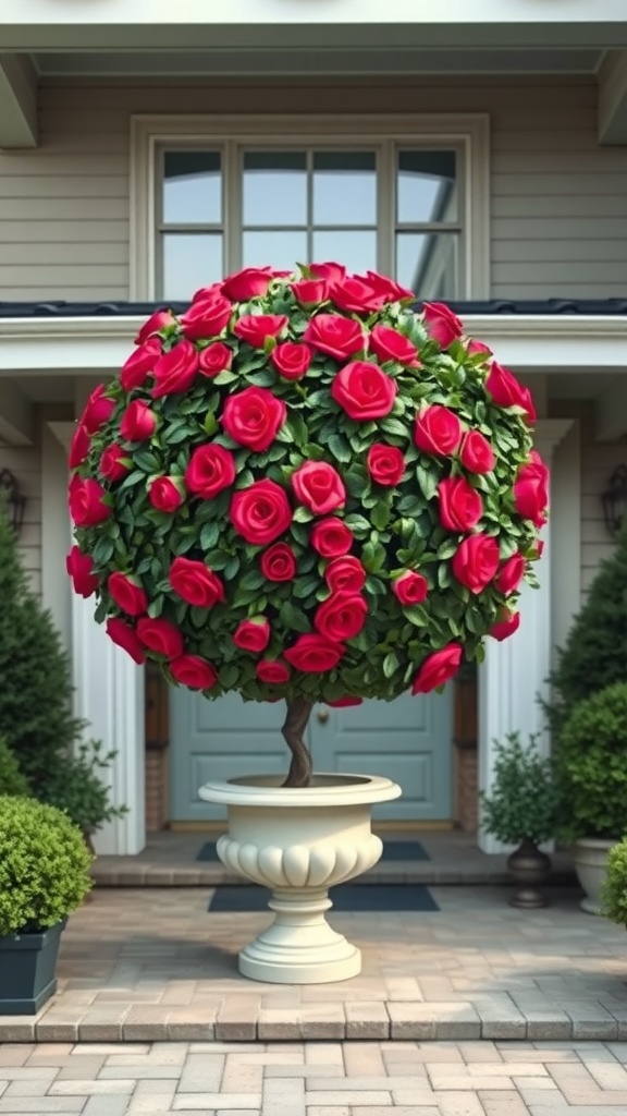 A vibrant Kissing Ball Topiary adorned with red roses, placed in a decorative planter on a porch