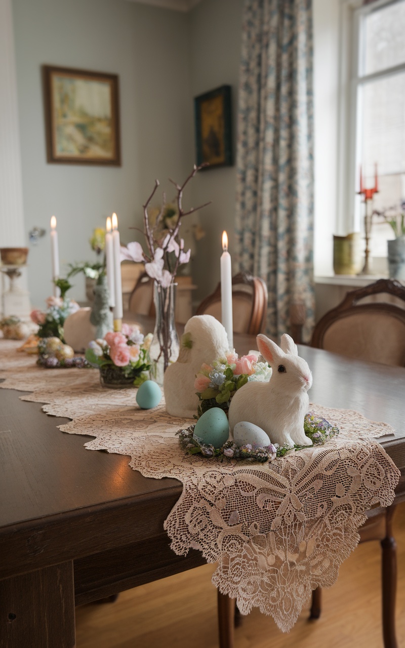 A lace table runner with bunny and flower decorations for Easter centerpiece