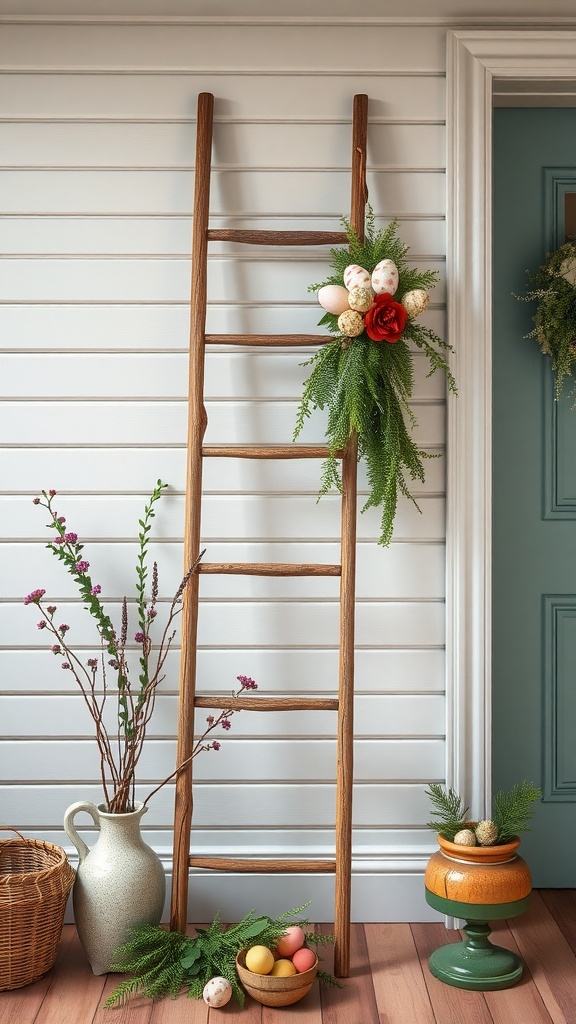 A rustic wooden ladder decorated with Easter decor, including eggs, greenery, and flowers.