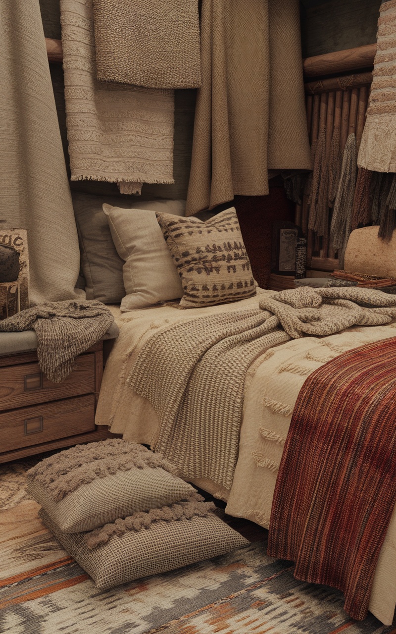 A cozy small beige bedroom with layered textures, including blankets and pillows in various materials.