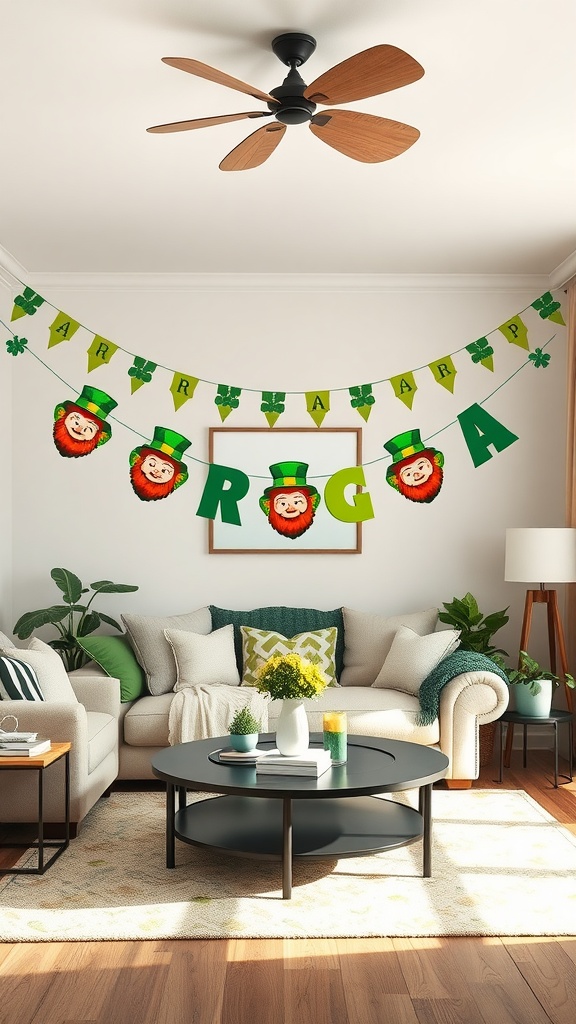 A leprechaun-themed banner hangs above a cozy living room with green accents