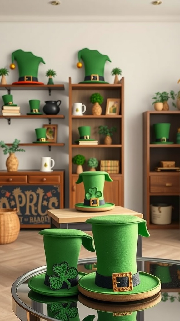 A collection of leprechaun hats in a festive home setting, perfect for St. Patrick's Day decorating.