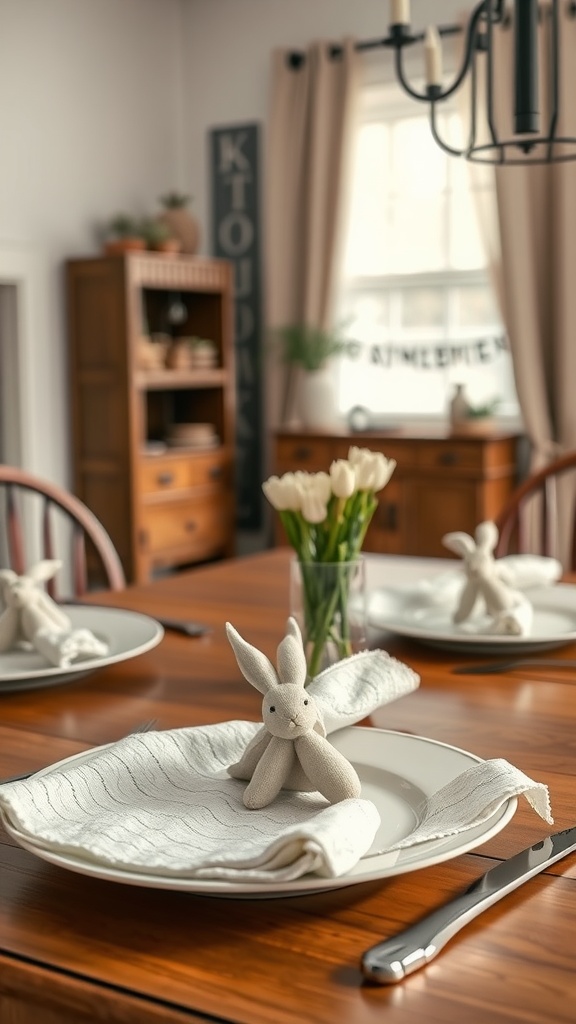 A beautifully set table with linen napkins shaped like bunnies on white plates, featuring a vase of tulips.