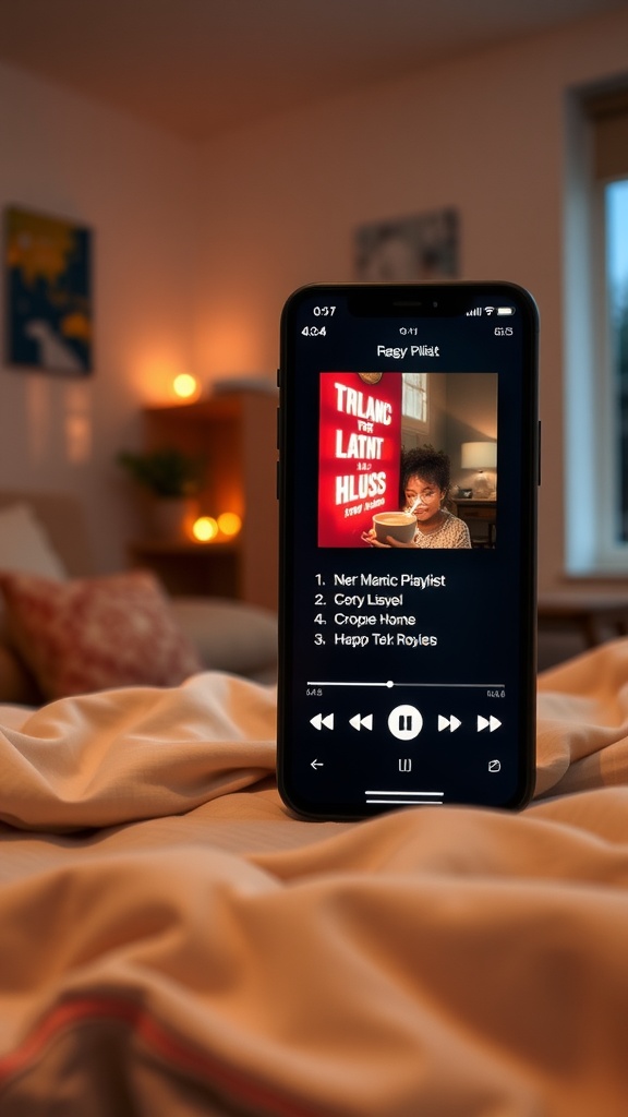 A smartphone displaying a love-themed music playlist in a cozy bedroom setting.