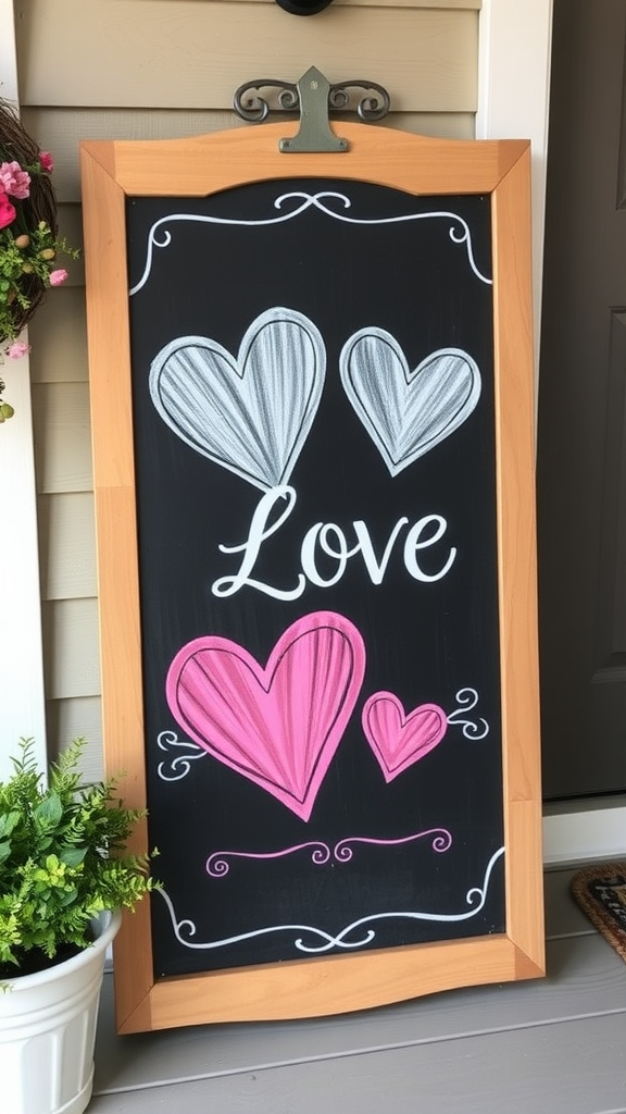 A chalkboard sign with a love quote, framed in wood, displayed on a porch alongside flowers and greenery.