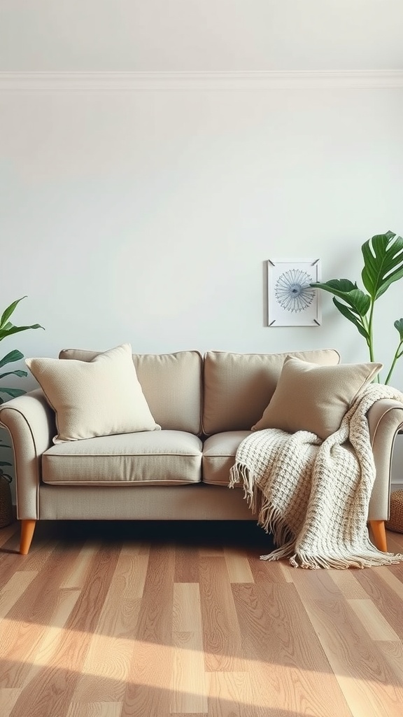 A cozy love seat with cushions and a blanket, surrounded by plants, creating a romantic setting.