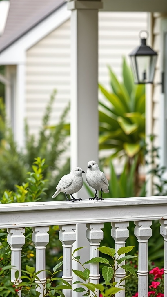 Two white lovebird statues perched on a white railing with greenery in the background.