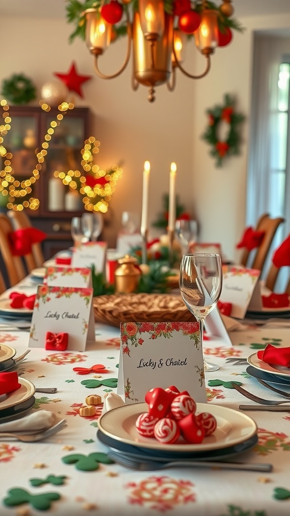 A festive table setting for St. Patrick's Day featuring place cards with the names 'Lucky & Chantel', green and red decorations, and candy.