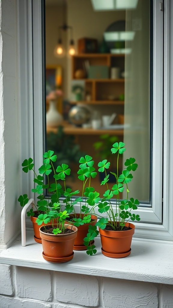 Lucky clover plants in terracotta pots on a windowsill