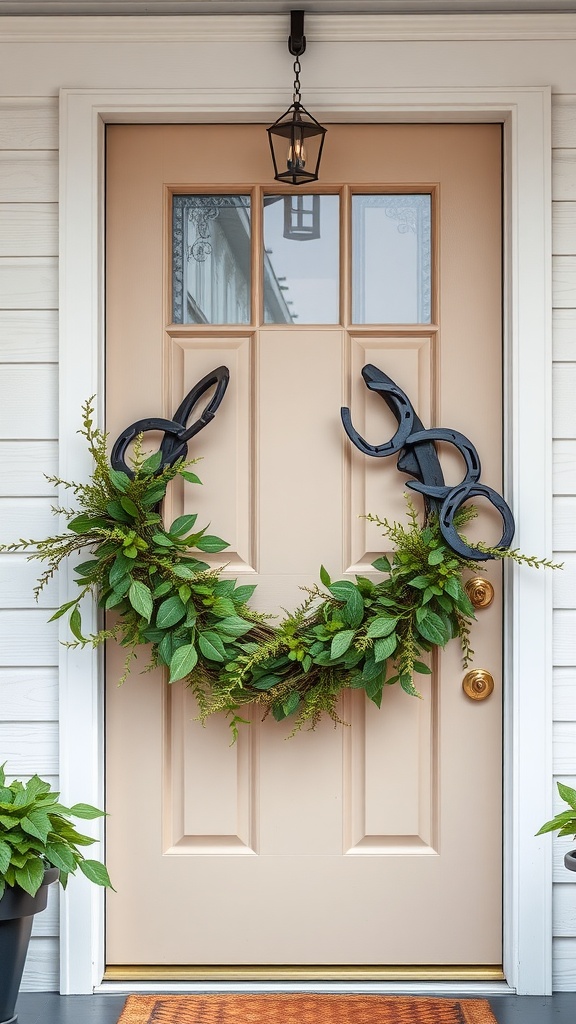 A horseshoe wreath adorned with green leaves hanging on a light peach door.