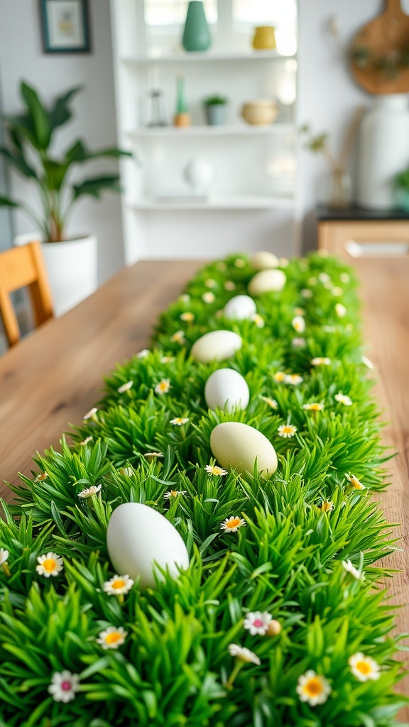 A table runner made of lush green grass with decorative eggs and small flowers, set on a wooden table.