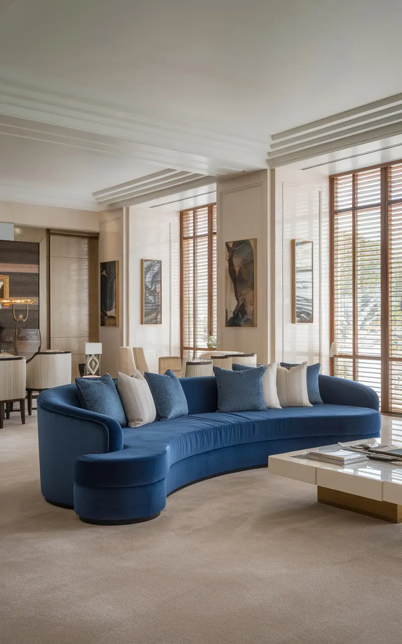 A stylish living room featuring a blue couch, elegant decor, and large windows.